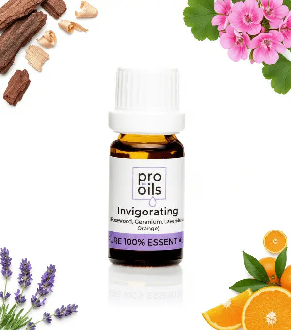 Bottle of pro oils essential oil blend surrounded by flowers and herbs on a white background