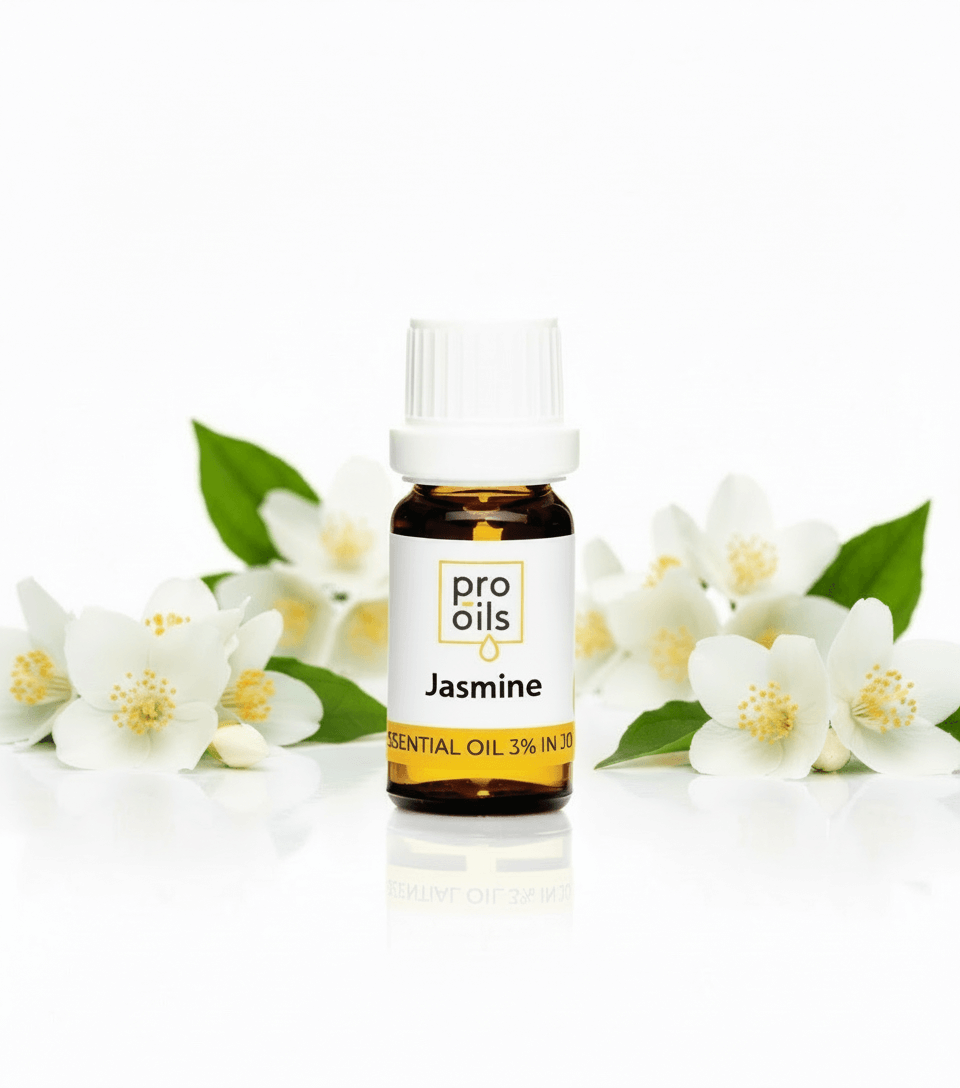 Bottle of Pro Oils Jasmine essential oil with jasmine flowers on a white background