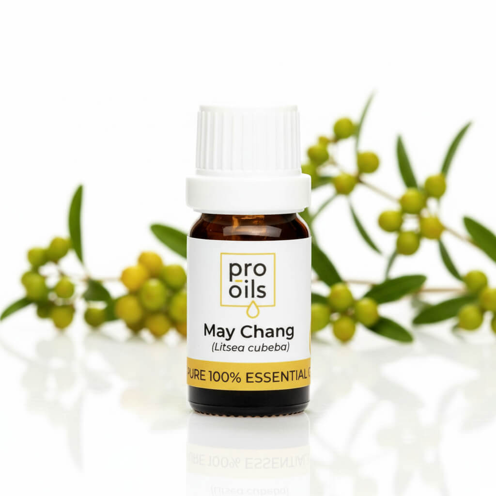 Bottle of Pro Oils May Chang essential oil with green leaves in the background