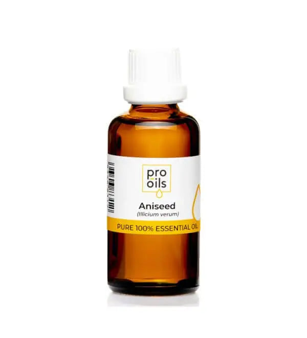Bottle of Pro Oils Aniseed essential oil on a white background