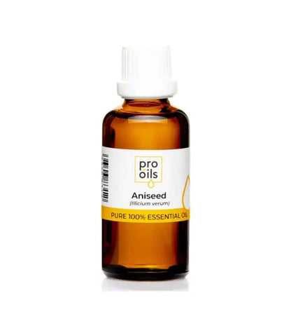 Bottle of Pro Oils Aniseed essential oil on a white background