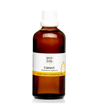 Bottle of Pro Oils Cajeput essential oil on a white background