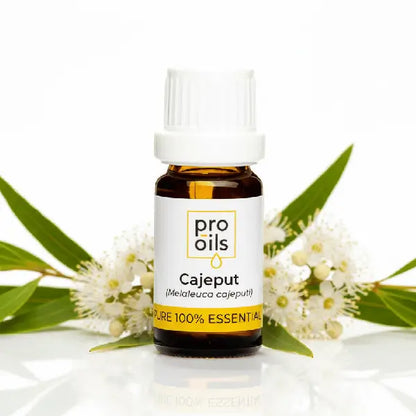 Bottle of Pro Oils Cajeput essential oil with eucalyptus leaves and flowers on a white background
