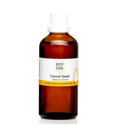 Bottle of Pro Oils Carrot Seed essential oil on a white background