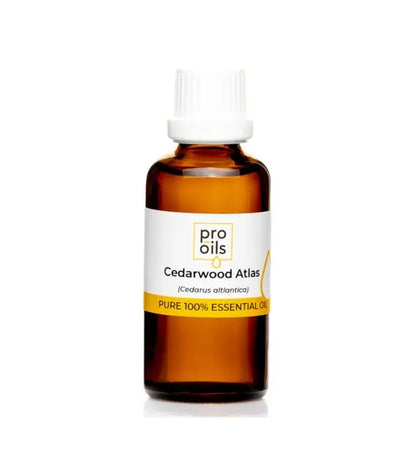 Bottle of Pro Oils Cedarwood Atlas essential oil on a white background