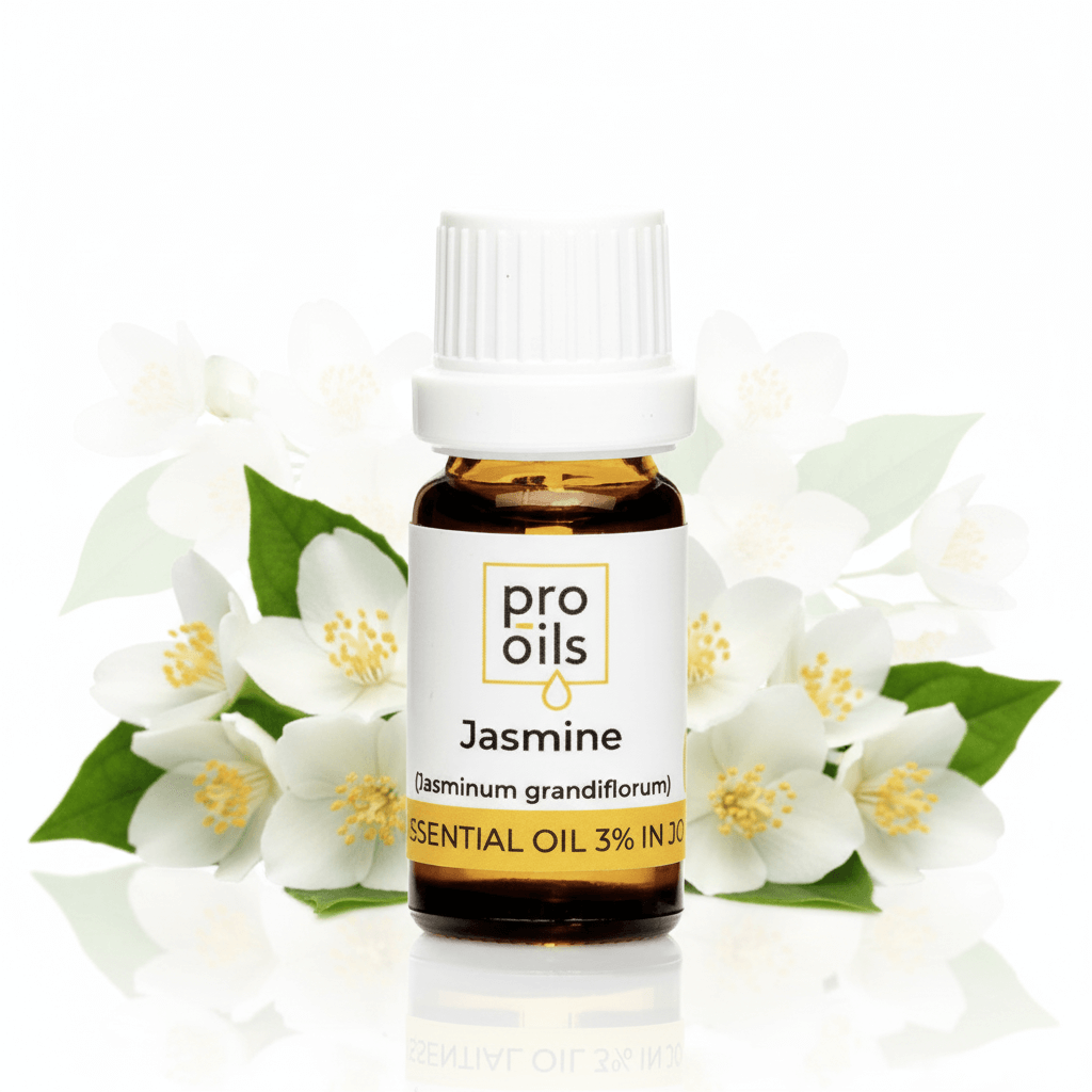 Bottle of Pro Oils Jasmine essential oil with jasmine flowers on a white background