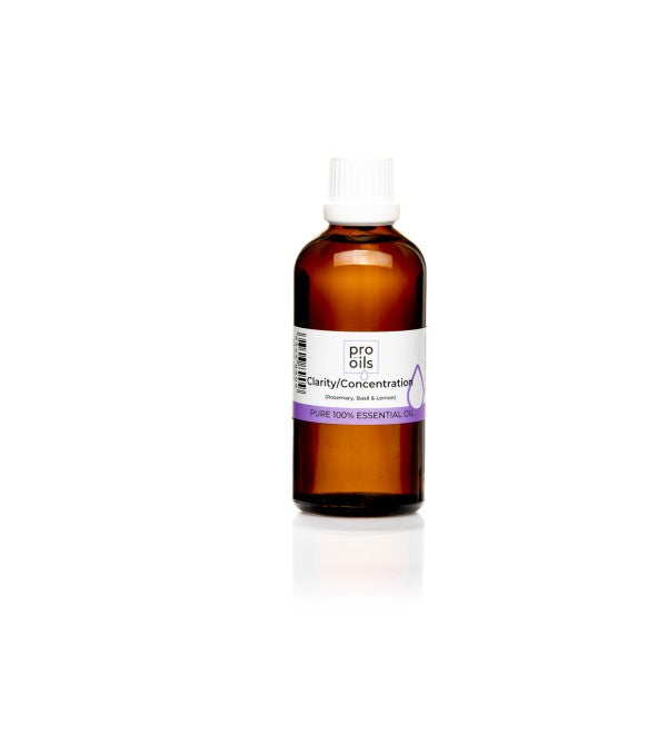 Pro Oils Clarity Blend essential oil bottle featuring a refreshing blend designed to enhance focus and mental clarity