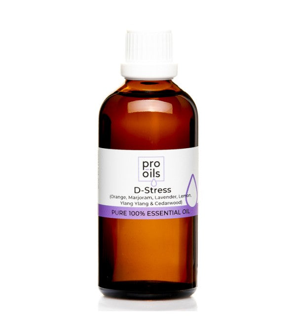 Pro Oils D-Stress Blend essential oil bottle featuring a calming mix to reduce stress, soothe anxiety, and promote relaxation