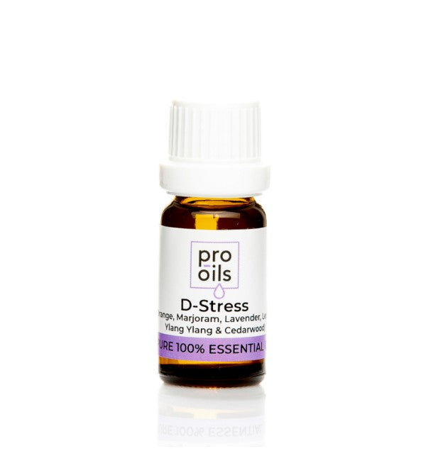 Pro Oils D-Stress Blend essential oil bottle featuring a calming mix to reduce stress, soothe anxiety, and promote relaxation