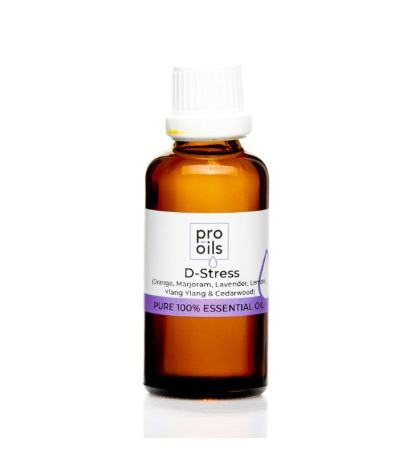 Pro Oils D-Stress Blend essential oil bottle featuring a calming mix to reduce stress, soothe anxiety, and promote relaxation