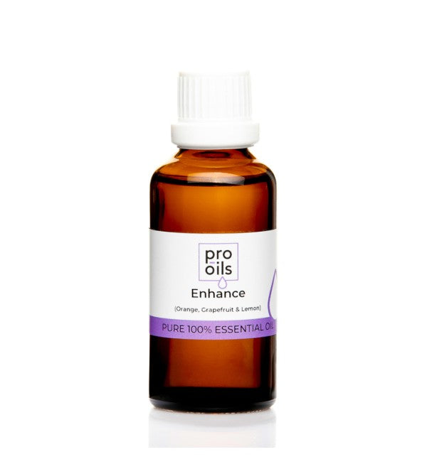 Pro Oils Enhance Essential Oil Blend bottle featuring a revitalizing citrus blend designed for mood upliftment, mental clarity, and rejuvenation in aromatherapy