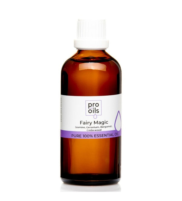 Pro Oils Fairy Magic Blend essential oil bottle featuring Jasmine, Geranium Bourbon, Bergamot, and Cedarwood, designed for relaxation, anxiety relief, and emotional wellness