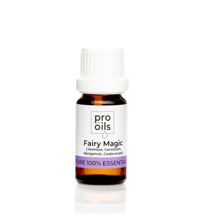 Pro Oils Fairy Magic Blend essential oil bottle featuring Jasmine, Geranium Bourbon, Bergamot, and Cedarwood, designed for relaxation, anxiety relief, and emotional wellness