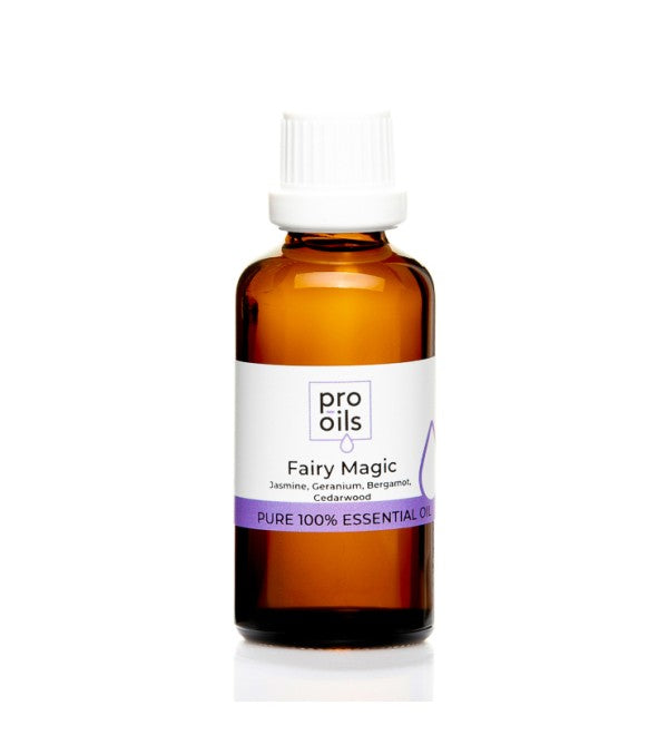 Pro Oils Fairy Magic Blend essential oil bottle featuring Jasmine, Geranium Bourbon, Bergamot, and Cedarwood, designed for relaxation, anxiety relief, and emotional wellness