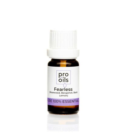 Pro Oils Fearless Blend essential oil bottle featuring a powerful blend to boost confidence, reduce anxiety, and promote inner strength.