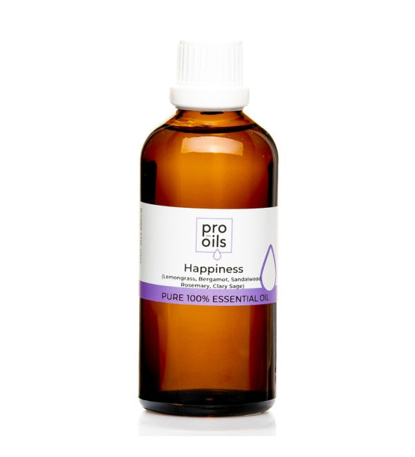 Pro Oils Happiness Blend essential oil bottle featuring a mood-boosting blend for uplifting spirits and reducing stress