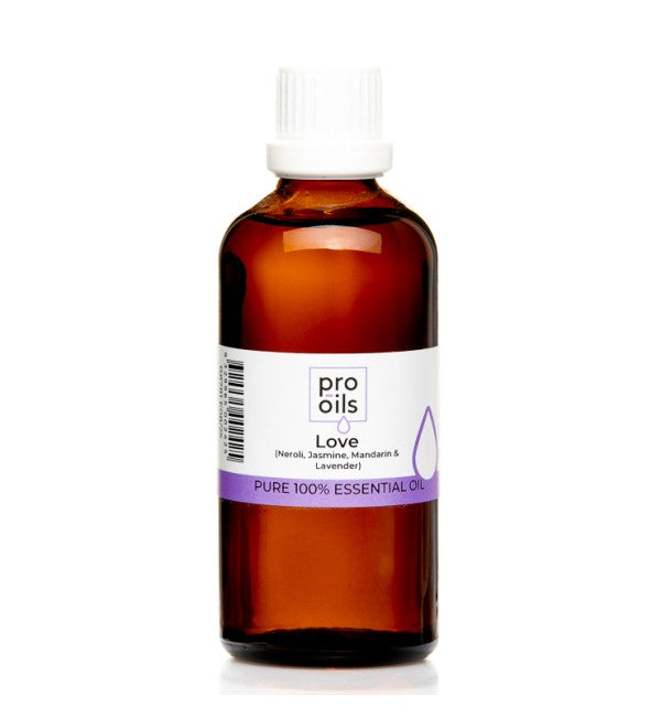 Pro Oils Love Blend essential oil bottle featuring a romantic mix to enhance emotional connection and create a soothing atmosphere.