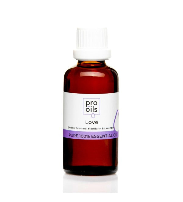 Pro Oils Love Blend essential oil bottle featuring a romantic mix to enhance emotional connection and create a soothing atmosphere.