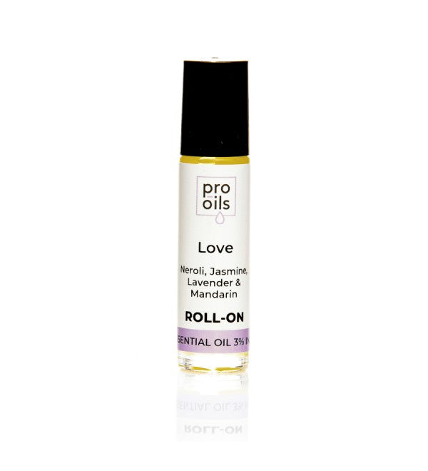 Pro Oils Love Roll-On bottle featuring a romantic blend of essential oils for mood enhancement and connection