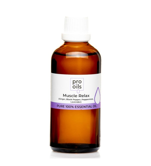 Pro Oils Muscle Relax Blend essential oil bottle for muscle relief and relaxation, 100% Australian owned, available for retail and wholesale