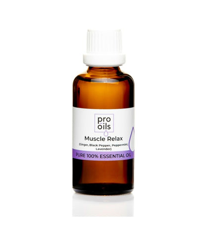 Pro Oils Muscle Relax Blend essential oil bottle for muscle relief and relaxation, 100% Australian owned, available for retail and wholesale