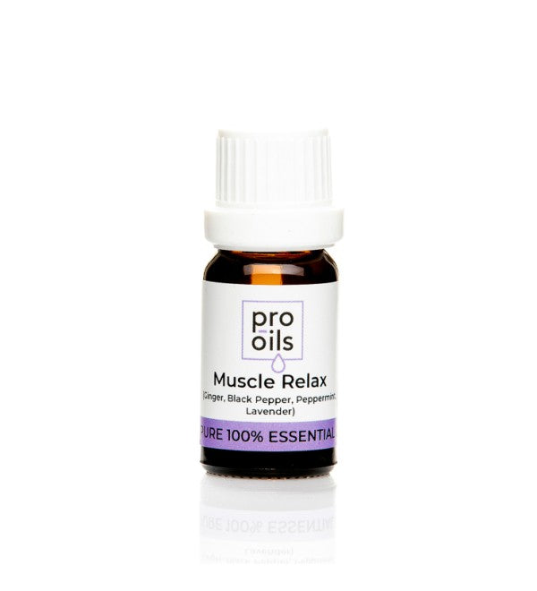 Pro Oils Muscle Relax Blend essential oil bottle for muscle relief and relaxation, 100% Australian owned, available for retail and wholesale