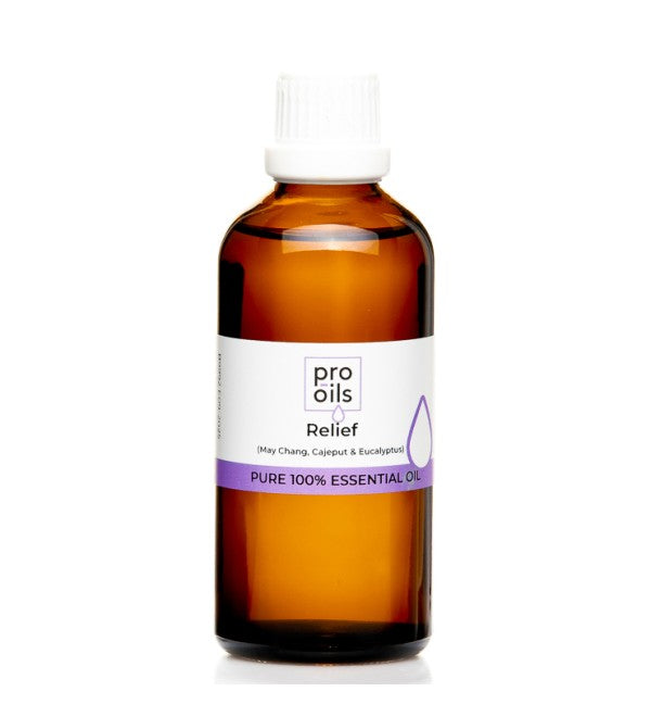 Pro Oils Relief Blend essential oil bottle designed to ease tension and promote relaxation, 100% Australian owned, available for retail and wholesale