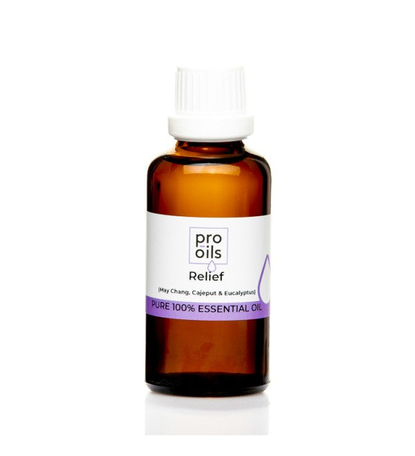 Pro Oils Relief Blend essential oil bottle designed to ease tension and promote relaxation, 100% Australian owned, available for retail and wholesale