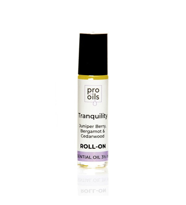 Pro Oils Tranquility Roll-On bottle featuring a calming blend of essential oils for stress relief and relaxation