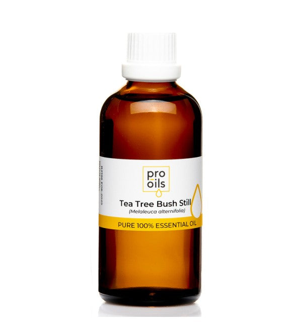 Tea Tree essential oil bottle surrounded by fresh tea tree leaves, highlighting its purity and natural healing properties.